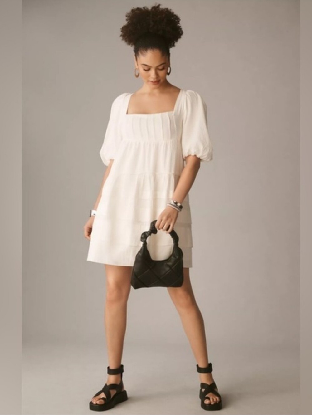 Anthropologie Square-Neck Puff-Sleeve Tiered Mini Dress White M - Picture 4 of 17